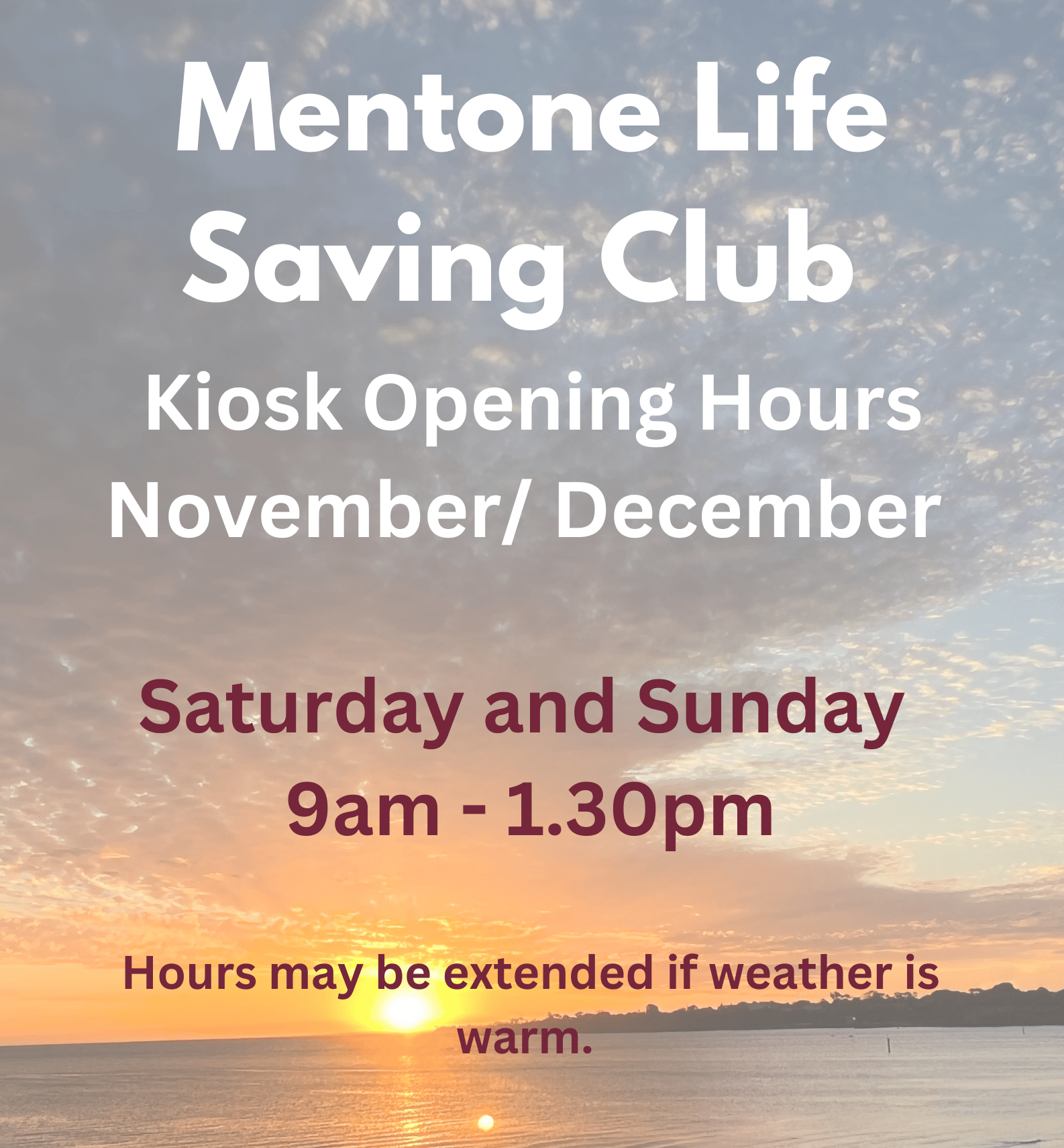 Kiosk Hours Nov Dec 24 Mentone Life Saving Club